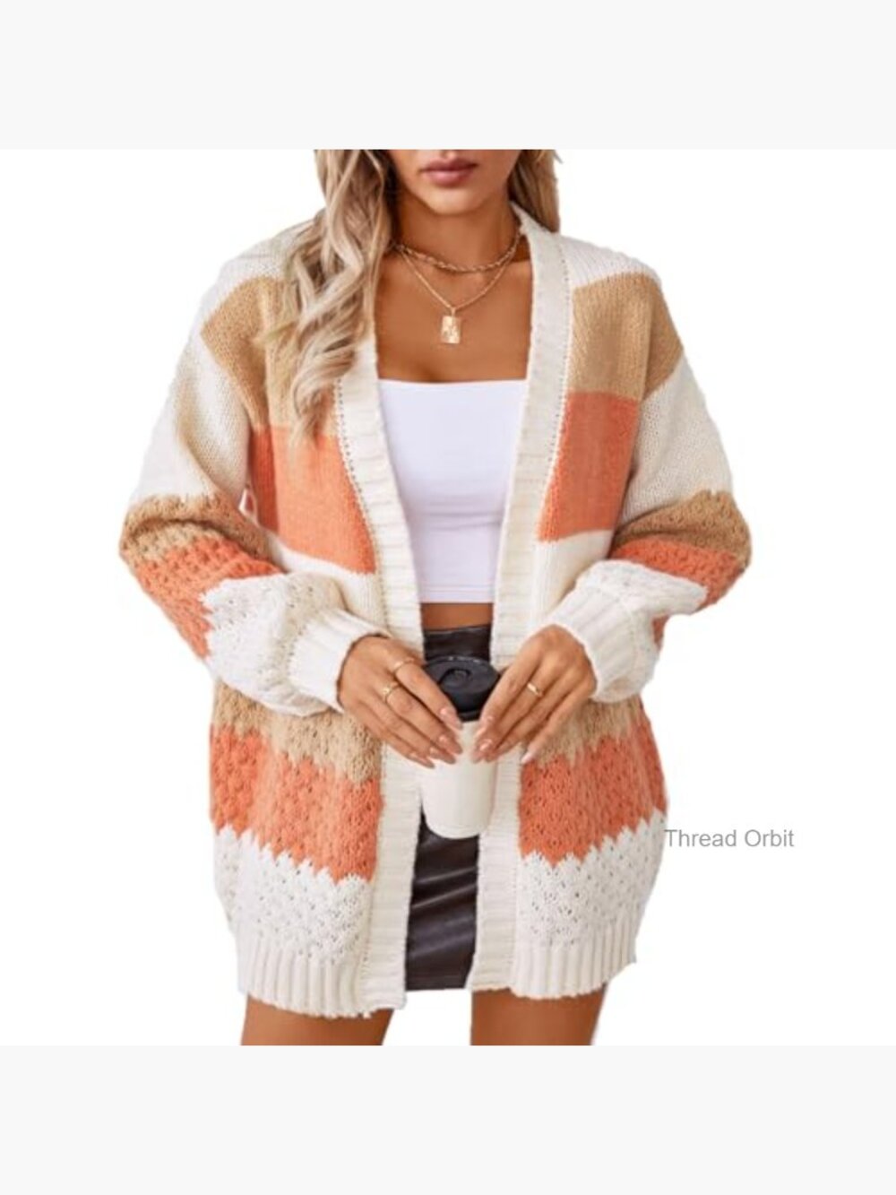 Long Sleeve Color Block Chunky Cable Knit Oversized Cardigan - Picture 2 of 7